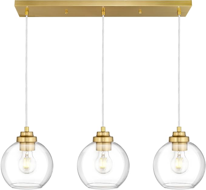3-Light Gold Linear Chandelier, Globe Kitchen Island Lighting, Modern Pendant Light with Clear Glass for Dining Room Living Room Pool Table, ZCPL101BG-3S