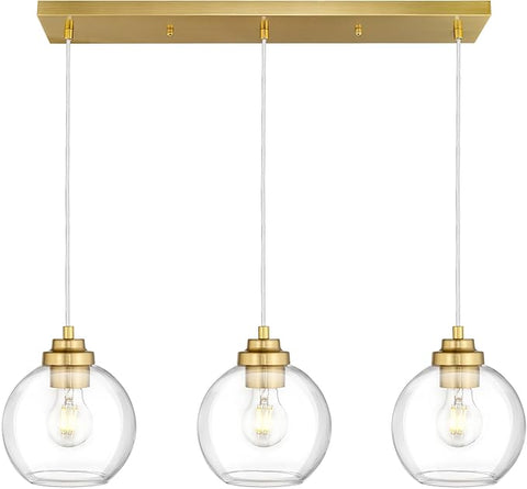 3-Light Gold Linear Chandelier, Globe Kitchen Island Lighting, Modern Pendant Light with Clear Glass for Dining Room Living Room Pool Table, ZCPL101BG-3S