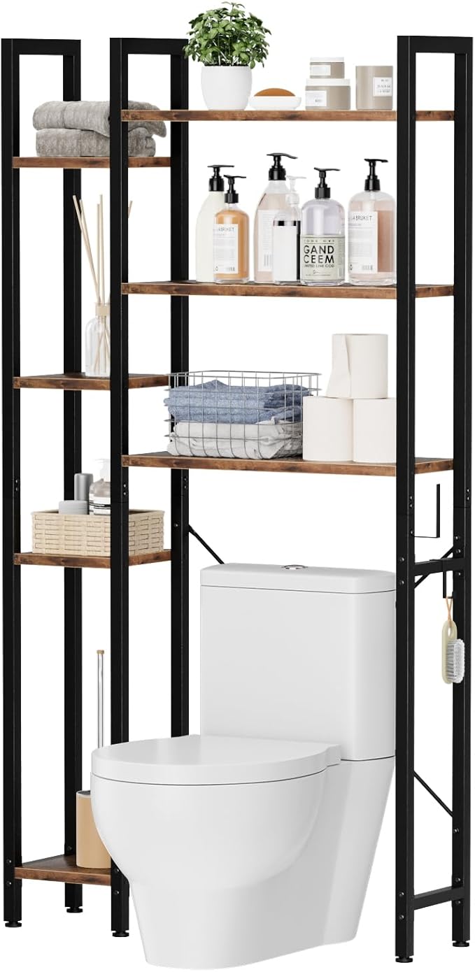 OTK Over The Toilet Storage with 7-Tier Bathroom Organizer Shelf, Freestanding Space Saver with Hooks & Adjustable Feet, Storage Rack for Bathroom, Restroom, Laundry, Vintage