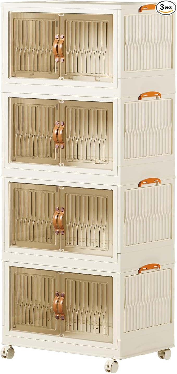 Stackable Storage Bins 104 Qt, Folding Storage Box with Lids and Doors, Open Front Folding Storage Bins with Wheels Large Plastic Storage Container Closet Organizers (4 Tier)