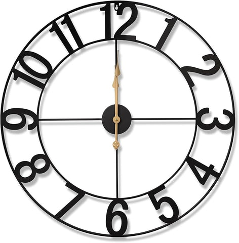 30-Inch Silent Non-Ticking Indoor Outdoor Wall Clock, Battery Operated Vintage Farmhouse Metal Clock with Arabic Numerals for Patio, Pool, Garden, Living Room, Kitchen Decor - Black