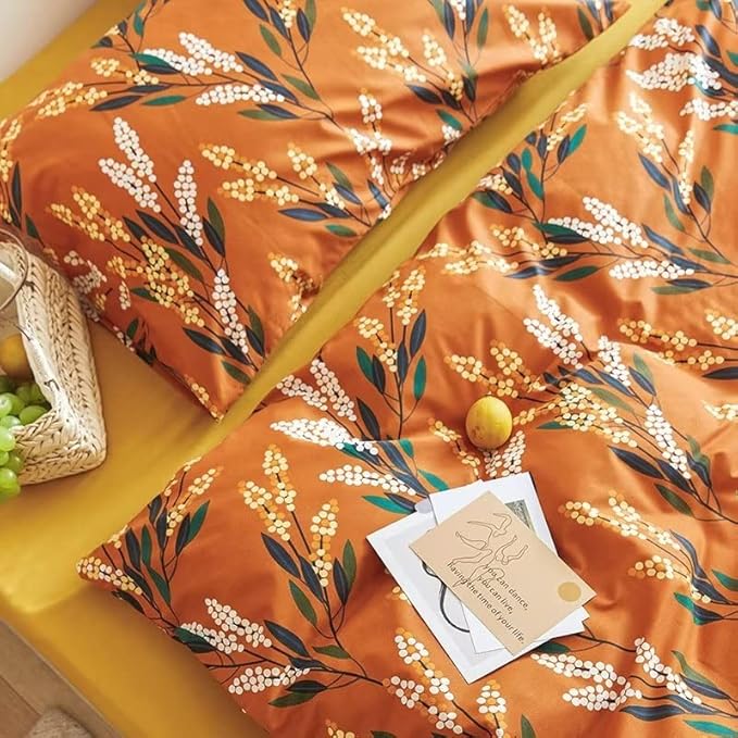 Luxlovery Botanical Floral Comforter Set Queen Orange Bohemian Bedding Comforter Set Women Girls Vintage Style Blanket Quilts Breathable Modern Rustic Leaves Bedding Set Hotel Quality Queen Comforter
