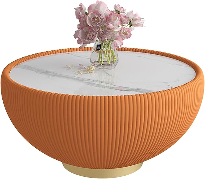 29.53" Round Coffee Table Luxury Cup Shape Leather Coffee Tables, Circle Sofa Couch Table PU Leather, Modern White Marble Top Drum Bowl Living Room Tables for Living Room Bedroom Apartment
