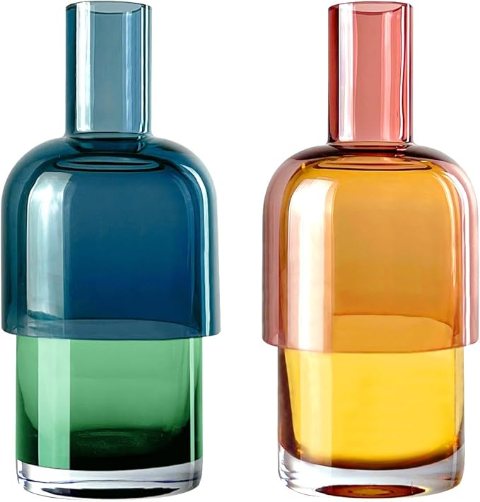 Cloudnola Reversible Glass Flower Vase and Bud Vase Set of 2, Blue & Green and Pink & Yellow, Ideal Gift Set, for Home, Wedding, and Event Decor