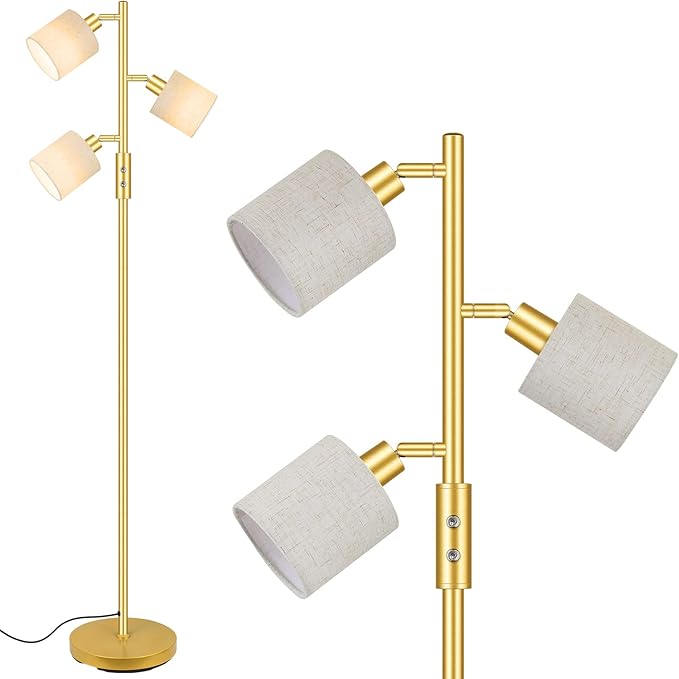 Gold Floor Lamps for Living Room, 3 Color Temperature, 3 Light Tree Standing Lamp, Minimalist Corner Floor Lamp with Lamp Shades Modern Pole Lamp for Bedroom Office Kids Room, Reading (5W LED Bulbs)