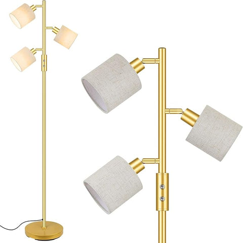 Gold Floor Lamps for Living Room, 3 Color Temperature, 3 Light Tree Standing Lamp, Minimalist Corner Floor Lamp with Lamp Shades Modern Pole Lamp for Bedroom Office Kids Room, Reading (5W LED Bulbs)