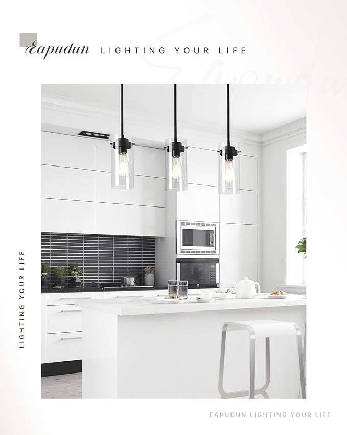 EAPUDUN Pendant Lights (2 Packs), Hanging Lights Fixtures, Clear Glass Shade Kitchen Lighting, Matte Black Farmhouse Kitchen Dining Table Ceiling Lights -PDA1353-B-MBK