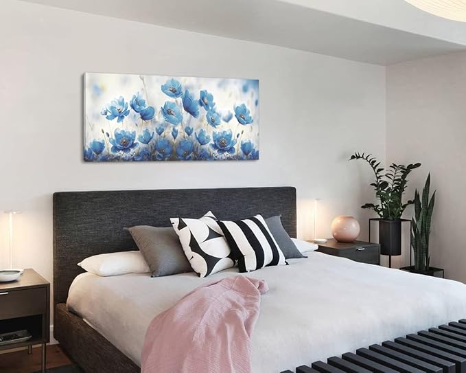 Blooming Blue Flowers Plants Wall Art Decor Artwork for Bedroom (20x40 Inches)