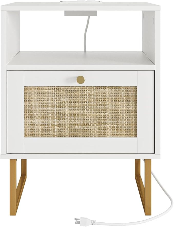 Rattan Nightstand with Charging Station, Boho Night Stand Farmhouse Wood Bedside Table with Storage and Open Shelf, End Side Accent Table for Bedroom,Living Room,White