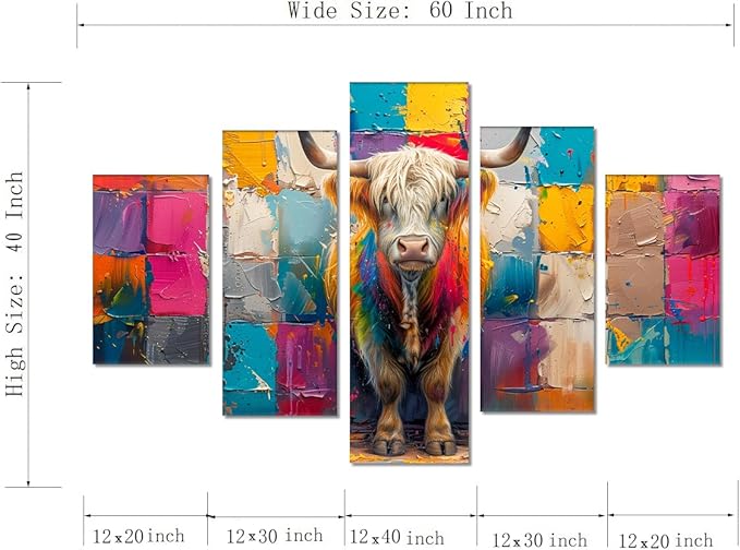 5 Panels Highland Cow Pictures Wall Decor Modern Animals Wall Art Colorful Oil Painting Style Highland Cattle Posters Wall Decor Living Dining Room Classroom Decor Framed - 60''W x 40''H