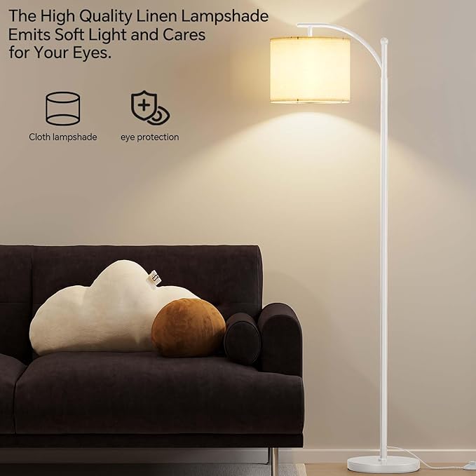 SUNMORY Arc Floor Lamp, Modern Floor Lamp with 9W 3 Color Temperatures Bulb, Metal Standing Lamps with Adjustable Hanging Lampshade, Tall Floor Lamps for Living Room, Bedroom, Office (White)