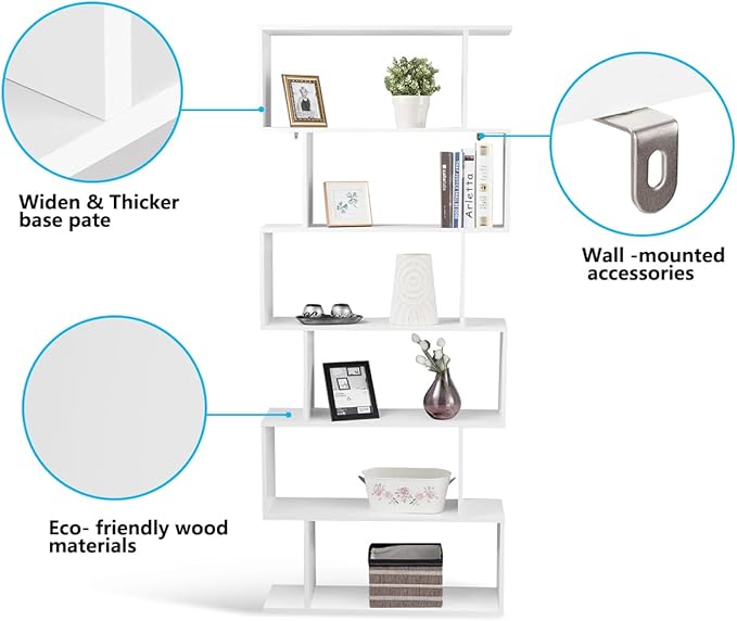 Tangkula 6-Tier Geometric Bookcase, Modern S-Shaped Storage Display Bookshelf for Living Room, Anti-Toppling Device, Home Office Wooden 6 Shelf Open Bookcase (2, White)