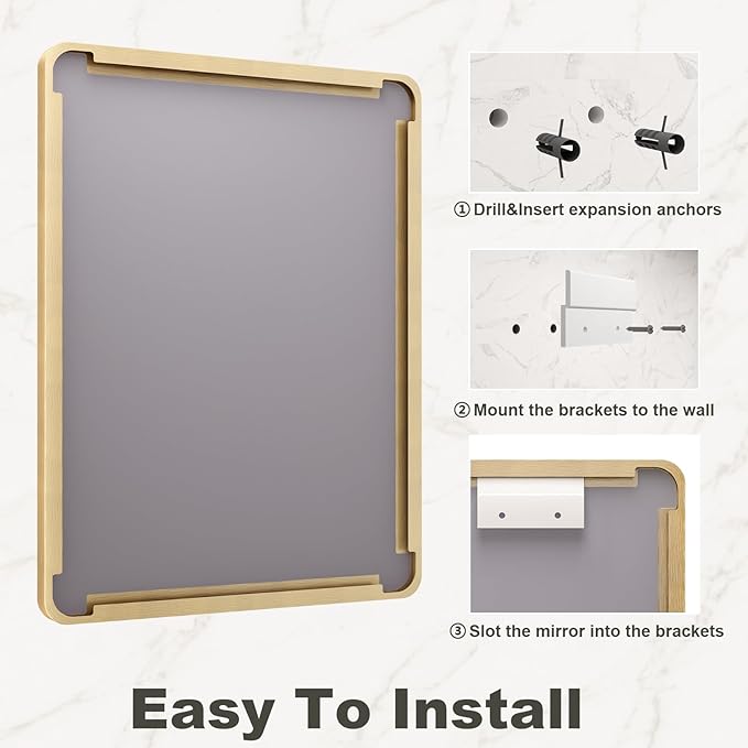 48x30 Inch Gold Framed Bathroom Mirror, Brushed Gold Metal Vanity Mirror, Rectangle Gold Mirror for Wall, Rounded Corner, Tempered Glass, Anti-Rust, Shatterproof (Horizontal/Vertical)