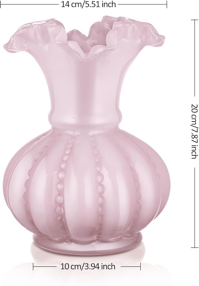 Joeyan Handmade Pink Glass Flower Vase,7.9" Vintage Decorative Urn Vase for Centrepieces Bouquet Wedding,Colored Thickened Pedestal Decorations for Rustic Home Living Room Office Farmhouse