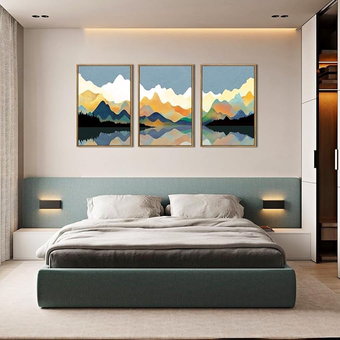 Large Abstract Mountain Lake Framed Canvas Wall Art,Watercolor Boho Forest Wall Decor,Colorful Ridge Landscape Artwork,Modern Wilderness Art Print for Living Room,Bedroom,Office-24 x36 x3