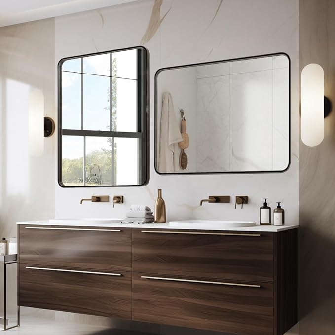 Black 24x30 Inch Metal Framed Mirror for Wall, Large Rounded Rectangle Mirror, Anti-Rust, Tempered Glass, Hangs Horizontally or Vertically