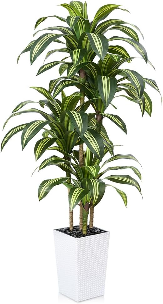 Artificial Dracaena Tree 6ft – UV Resistant Tall Fake Plant with Large Taper Planter & Pebbles– Large Potted Faux Tree for Indoor & Outdoor, Living Room, Office, Porch, Home Decor, VN127
