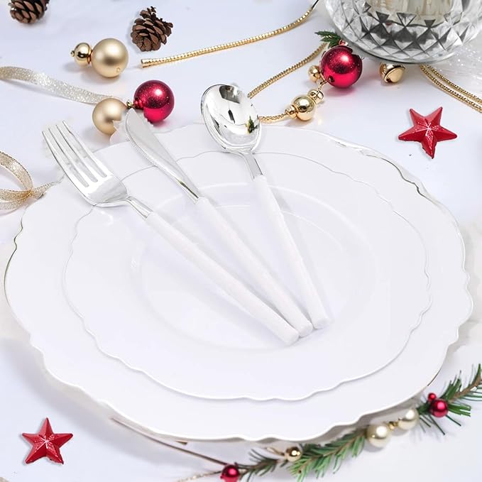 WDF 60pcs Silver Plastic Plates-Baroque White &Silver Plates for Upscale Parties &Wedding-including 30Plastic Dinner Plate 10.25inch, 30 Salad Plate 7.5inch