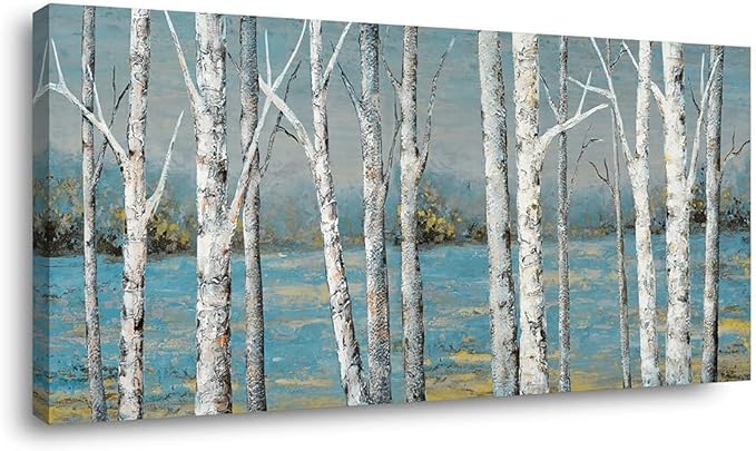 Country Birch Woods Wall Art for Living Room Office Navy Blue Forest Canvas Painting Prints Rustic Artwork Dining Room Bedroom Decor (20x40 Inches)
