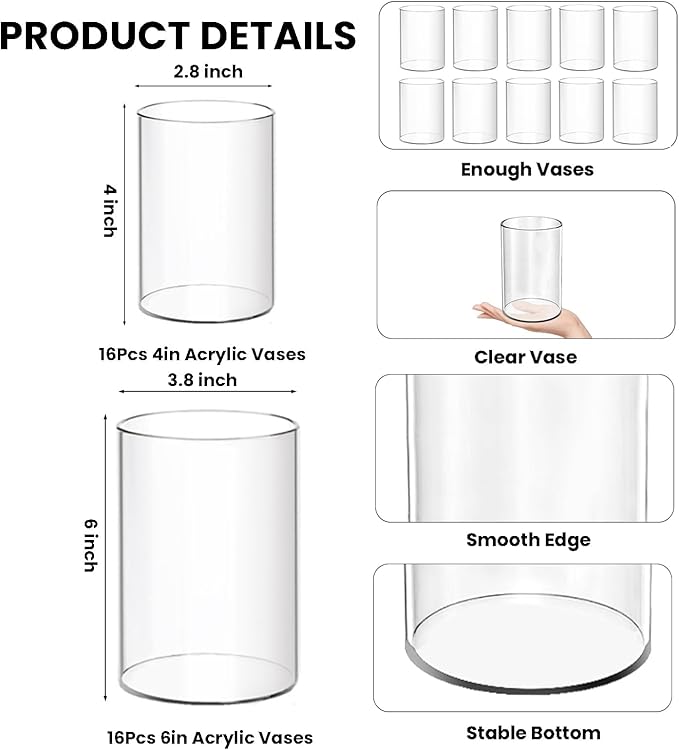 32 Pack Acrylic Vases, 6 inch and 4 inch Clear Cylinder Acrylic Plastic Flower Vase Bulk Unbreakable Plastic Vases for Centerpiece Home Wedding Decor (16pcs 6in +16pcs 4in)