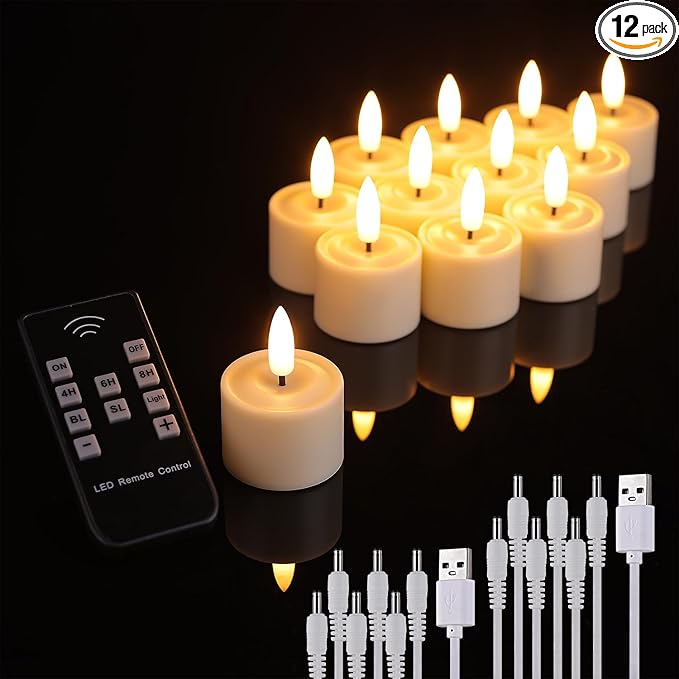 Rechargeable Tea Lights flameless Candles with Timer and Remote,led Votive Candles Battery Operated-Flickering Realistic,for Room,Retirement Party,Wedding Decor,Halloween(12 Pack)