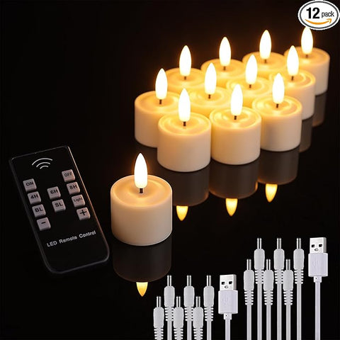 Rechargeable Tea Lights flameless Candles with Timer and Remote,led Votive Candles Battery Operated-Flickering Realistic,for Room,Retirement Party,Wedding Decor,Halloween(12 Pack)