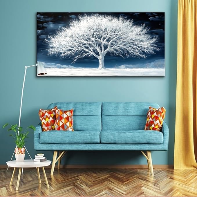 Calming Tree of Life Wall Art for Living Room Office Navy Blue Snow White Canvas Painting Prints Nature Artwork Family Bedroom Decor (20x40 Inches)