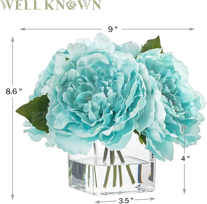Artificial Peonies Flowers Arrangements in Cube Glass Vase, WELLKNOWN Silk Flower Centerpieces for Dining Room Table, Coffee Table Decor, Faux Peony Flowers with Faux Water(Light Teal Blue)
