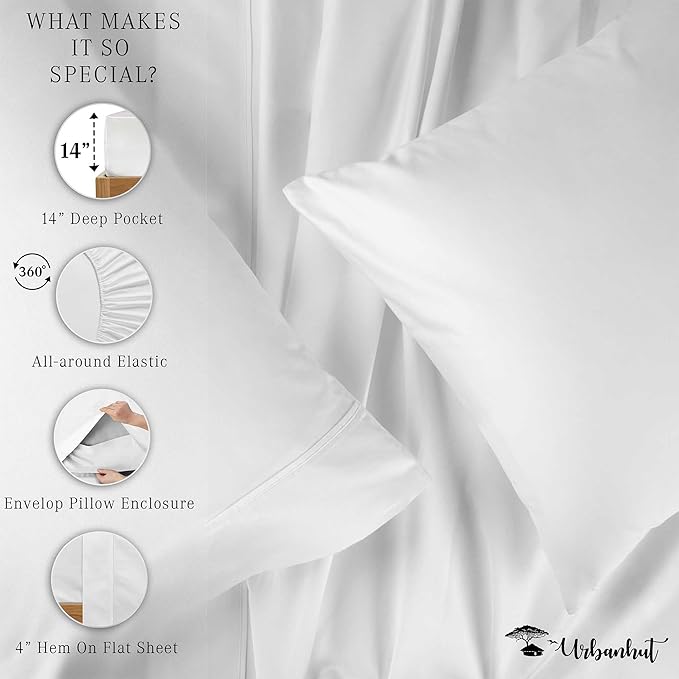 URBANHUT 700 Thread Count Egyptian Cotton Sheets Twin Size, 4Pc Sheet Set Soft Luxury Bed Sheets for Twin Size Bed, Sateen Weave Hotel Sheets, 16'' Elasticized Deep Pocket - White