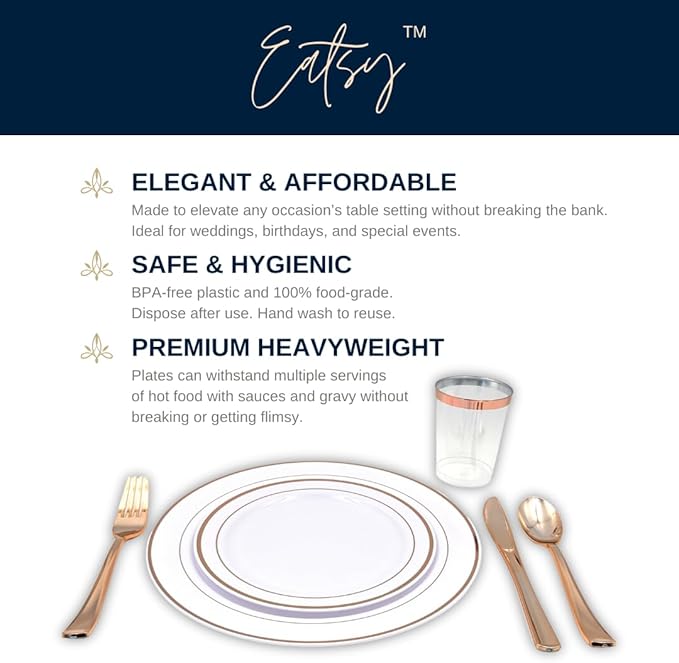 Tableware Dinnerware Set, Premium Heavyweight, Reusable or Disposable Party Plates, Includes Dinner Plate, Dessert Plate, Cutlery, and Cup (Rose Gold, 150-Piece Set, Serves 25 Guests)