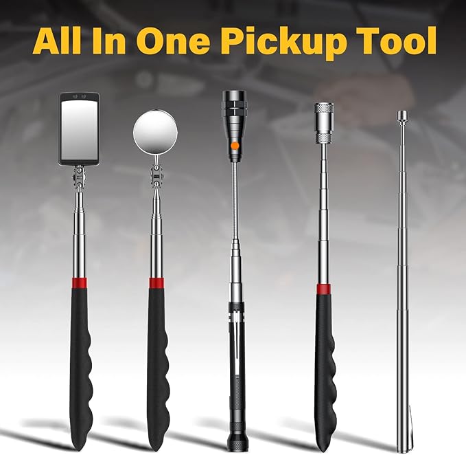 Magnetic Pickup Tool Set with 15lb&1lb Pick Up Rod, Round&Square 360 Swivel Adjustable Inspection Mirror and Telescoping Flexible Flashlight, Birthday Gifts For Men, Dad, Husband, Father