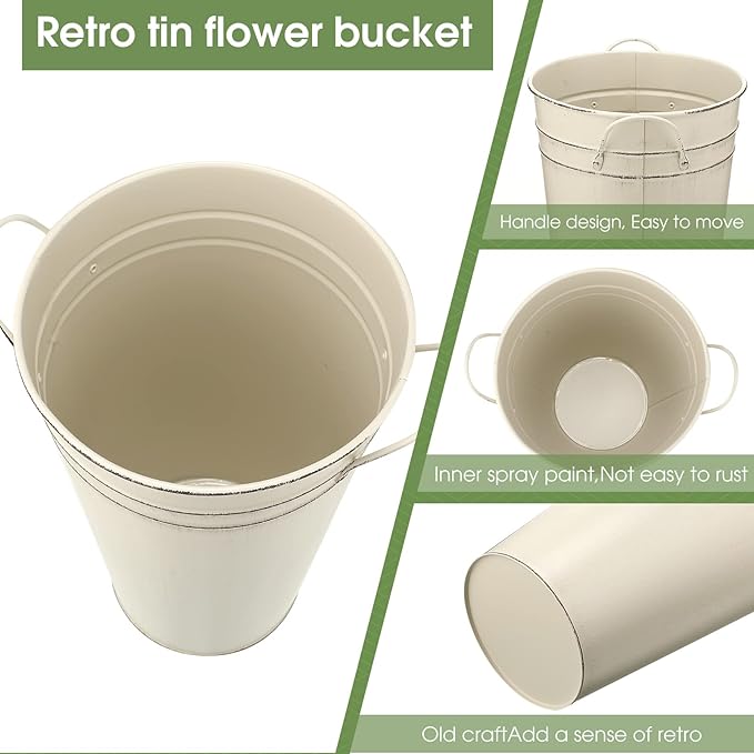 Irenare 12 Inch Vintage Galvanized Flower Bucket Metal Flower Vase Farmhouse French Bucket Planter Metal Floral Container for Party Table Centerpiece Weddings Home(White,6 Pcs)
