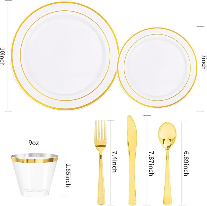 bUCLA 600Pcs Gold Dinnerware Set for 100 Guests - White and Gold Plastic Plates Disposable for party Include 100 Dinner&100 Dessert Plates,100 Cups,100 Forks,100 Spoons,100 Knives