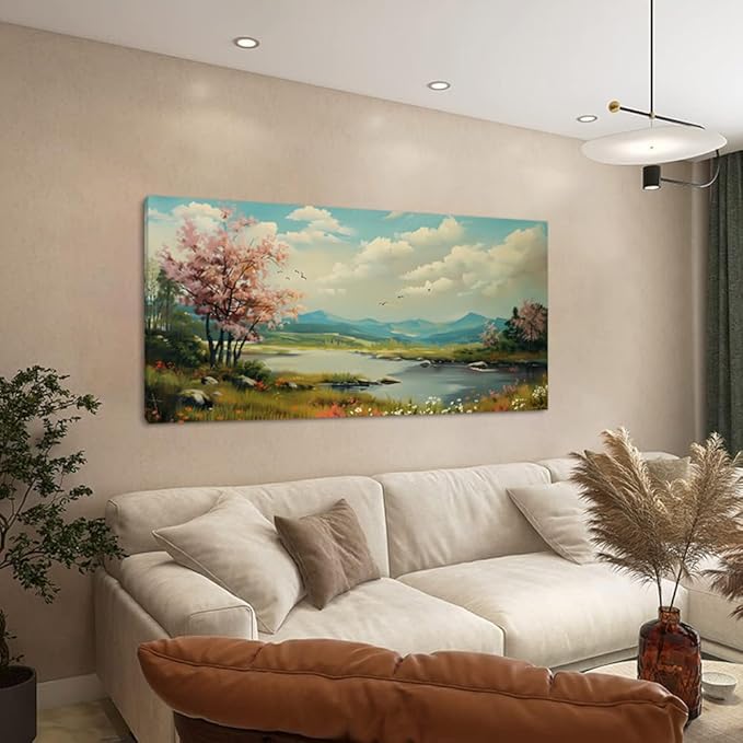 Green Grass and Pink Tree By Riverbank Wall Art Decor Artwork for Bedroom (30x60 Inches)