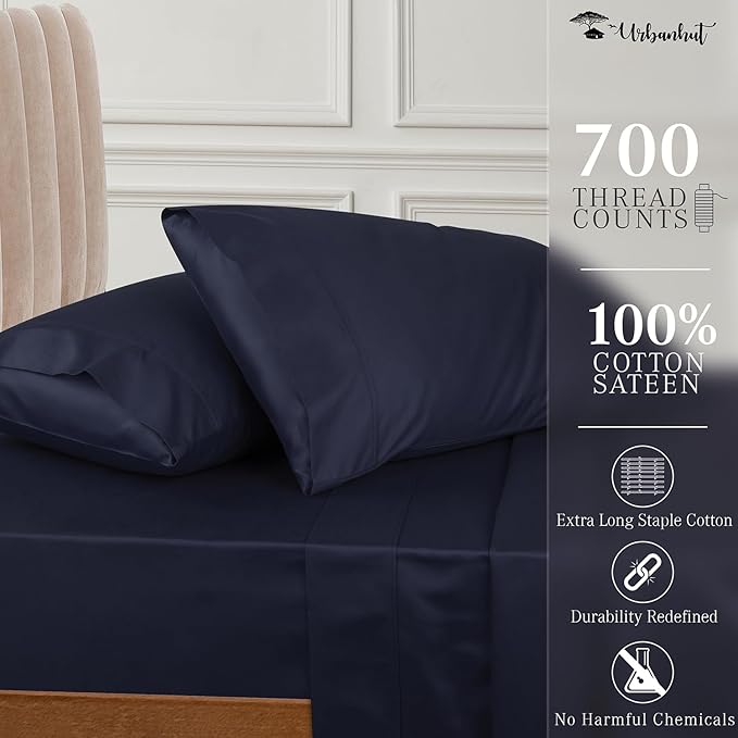 URBANHUT 700 Thread Count Queen Size Egyptian Cotton Sheets, 4Pc Sheet Set Soft Luxury Bed Sheets for Queen Size Bed, Sateen Weave Hotel Sheets, 16'' Elasticized Deep Pocket - Navy Blue