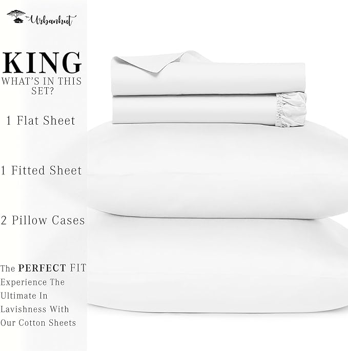 URBANHUT 700 Thread Count Egyptian Cotton Sheets King Size, 4Pc Sheet Set Soft Luxury Bed Sheets for King Size Bed, Sateen Weave Hotel Sheets, 16'' Elasticized Deep Pocket - White