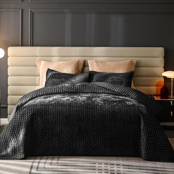 Black King Size Velvet Quilt Set,Luxurious Cross Stitch Striped Quilted Velvet Comforter Set,Oversize Bedspread Coverlet with Brushed Back,Ultra Soft Cozy Warm for All Season