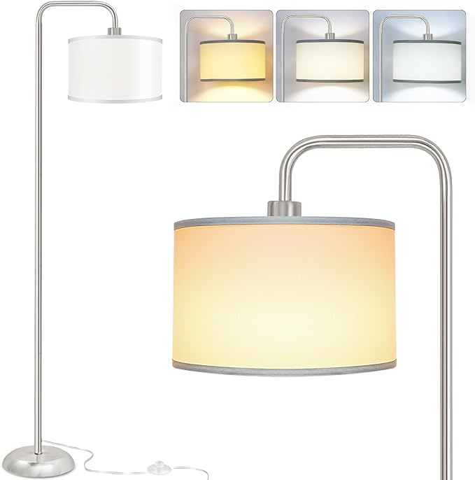 [Upgraded] LED Floor Lamp for Living Room, 3 Color Temperature Floor Lamp with Foot Switch Modern Standing Lamp Tall Pole Floor Reading Lamp for Bedroom Study Room, Bulb Included Silver (One Shade)