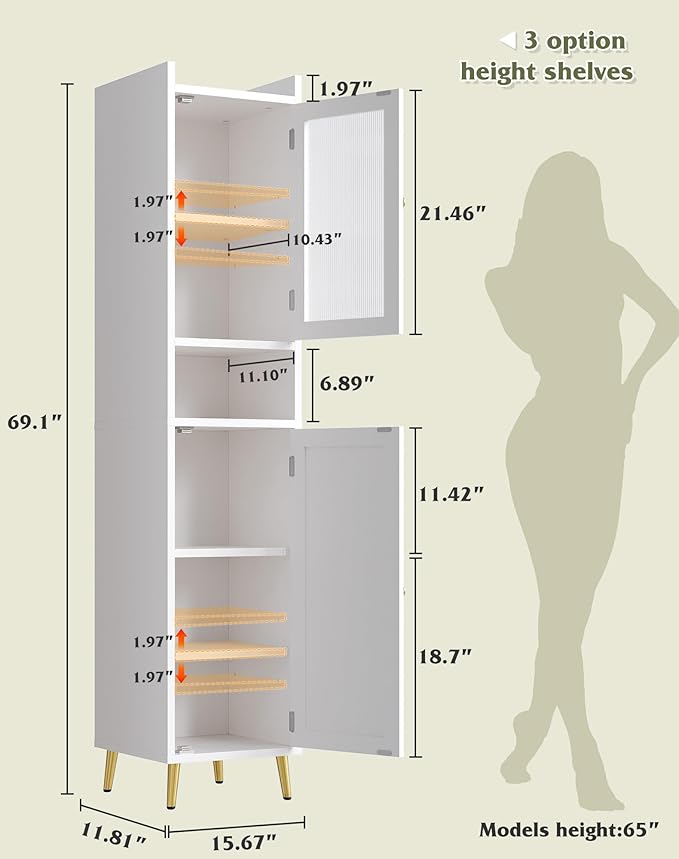 69'' Tall Bathroom Storage Cabinet with 2 Adjustable Shelves, White 6 Tier Narrow Bathroom Cabinet with 2 Doors, Slim Linen Cabinets for Brathroom,Home Office,Wood
