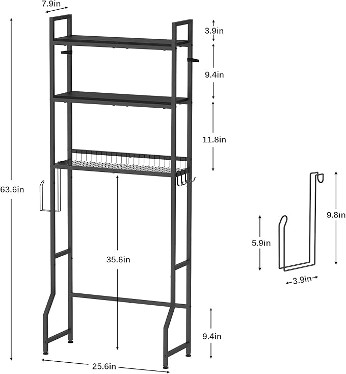 Over The Toilet Storage 3 Tier Over Toilet Bathroom Organizer Wooden Bathroom Space Saver Freestanding Above Toilet Stand with 4 Hooks Black Over The Toilet Rack for Restroom, Laundry