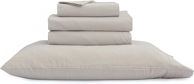 BESTOUCH Sheet Set 100% Washed Cotton Linen Feel Super Soft Comfortable Chic Lightweight 4 Pcs Home Bedding Set Solid Linen Grey Full