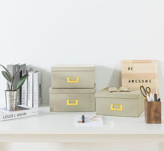 Soul & Lane Light Gray Kraft Paper Boxes for Storage, Set of 3 Square Stacking Boxes with Lids and Gold Label Holders, Decorative Photo Storage, Nesting Cardboard Containers for Organizing