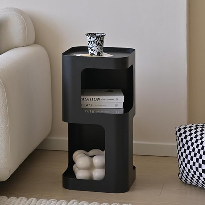 Modern Side Table,Small end Table for Small Spaces,Metal nightstand with Storage Shelf,Space-Saving Bedside Table Accent Table Drink Tables for Living Room,Bedroom.No Assembly Required (Black)