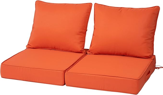 Outdoor Deep Seat Cushions for Patio Furniture Set of 2, Waterproof Outdoor Chair Cushions 24 x 24 x 4'' Patio Furniture Cushion with Fade Resistant Removable Cover, Handle&Straps, Orange