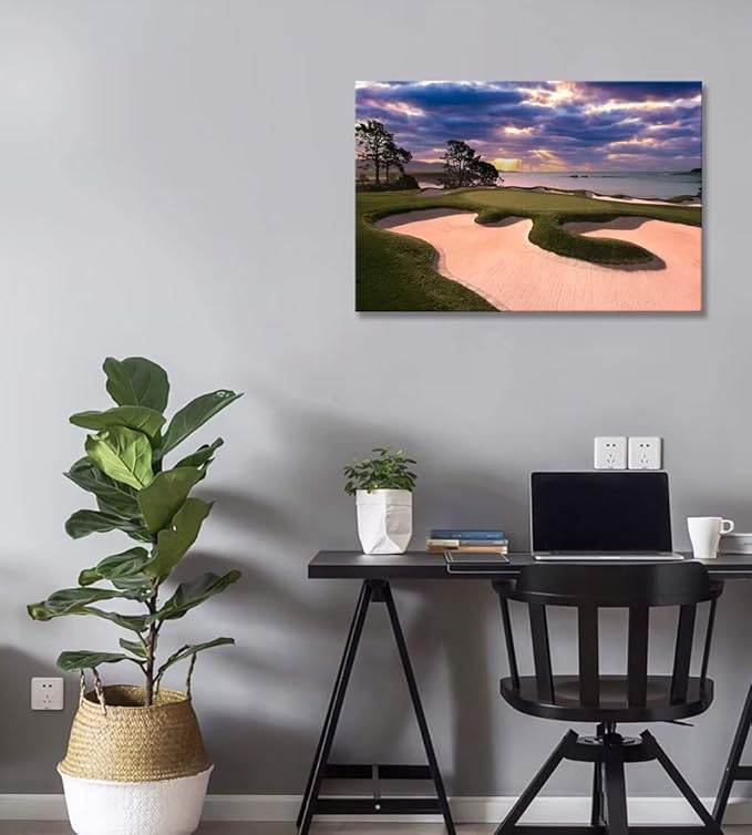 chenchenArt Pebble Beach Golf Course Wall Art for Living Room Bedroom Bathroom Home Decorations Golf Course Picture Poster Wall Decor for Office Canvas Prints Framed Ready to Hang(12''H x 16''W)