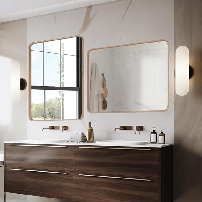 Gold 48x32 Inch Metal Framed Mirror for Wall, Large Rounded Rectangle Mirror, Anti-Rust, Tempered Glass, Hangs Horizontally or Vertically