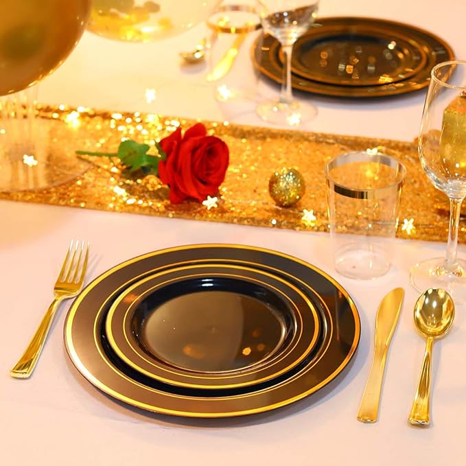 bUCLA 100 Pieces Black and Gold Plastic Dessert Plates - 7.5inch Disposable Salad/Appetizer Plates - Ideal for Party, Graduation & Fathers Day