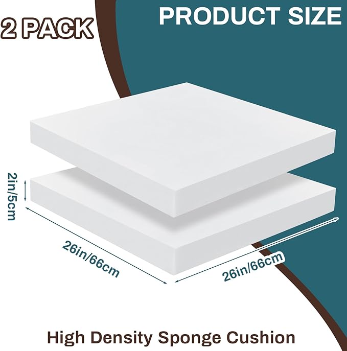 Frienda 2 Pack 2" x 26" x 26" Upholstery High Density Foam Cushion Replacement Square Cut to Size Foam Couch for Chair Couches Padding Shipping Packing DIY Cosplay Projects