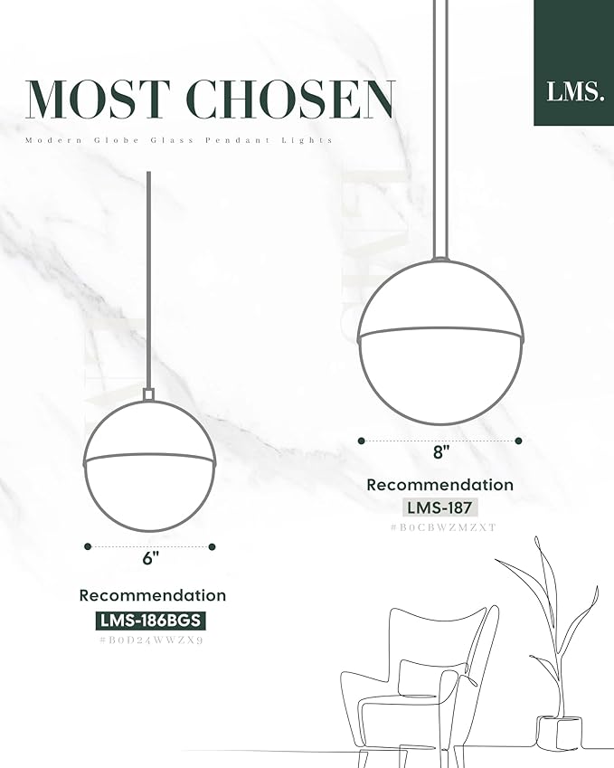 LMS 2-Pack Brushed Gold Pendant Lights, Modern Pendant Light with Milky Globe Glass Shade, Adjustable Hanging Lighting Rod for Kitchen Island Dining Room Bedroom, LMS-186BG2PK