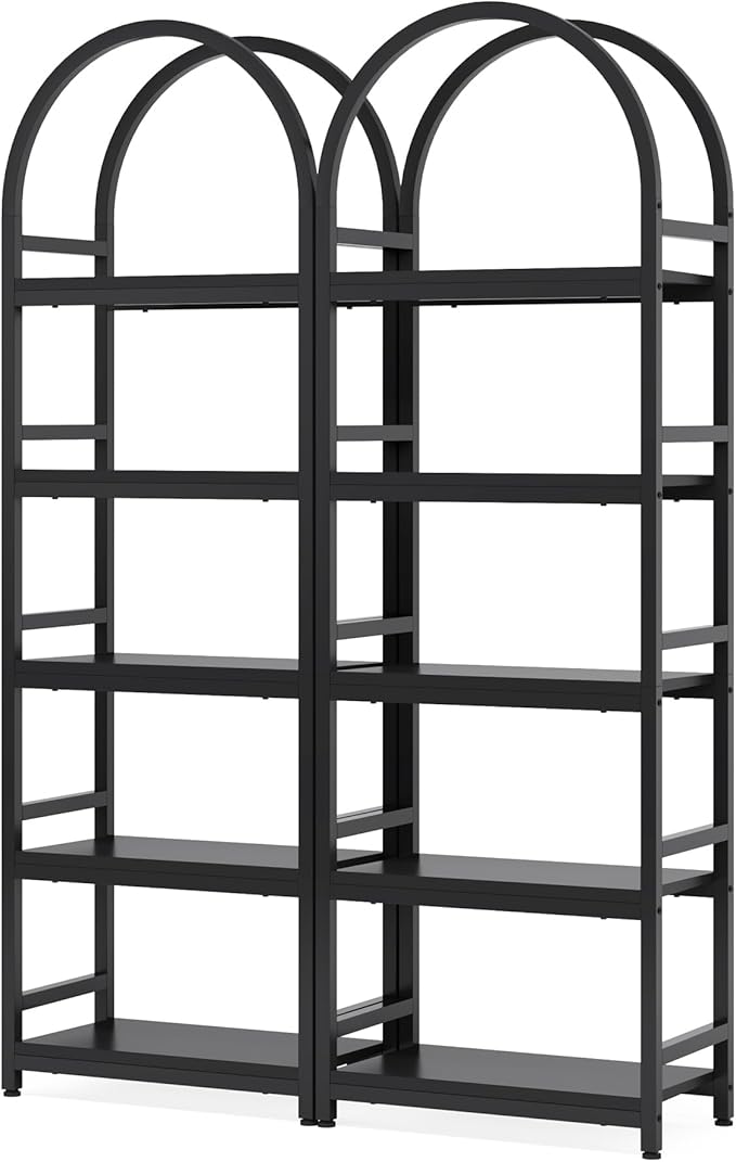 Tribesigns 5-Tier Open Bookshelf Set of 2, 74.4" Wood Bookcase Storage Shelves with Metal Frame, Freestanding Display Rack Tall Shelving Unit for Office, Bedroom, Living Room (Black, 2PCS)